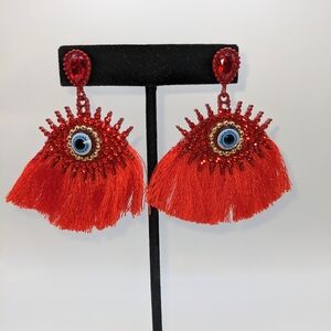 Elegant Red Evil Eye Tassel Earrings